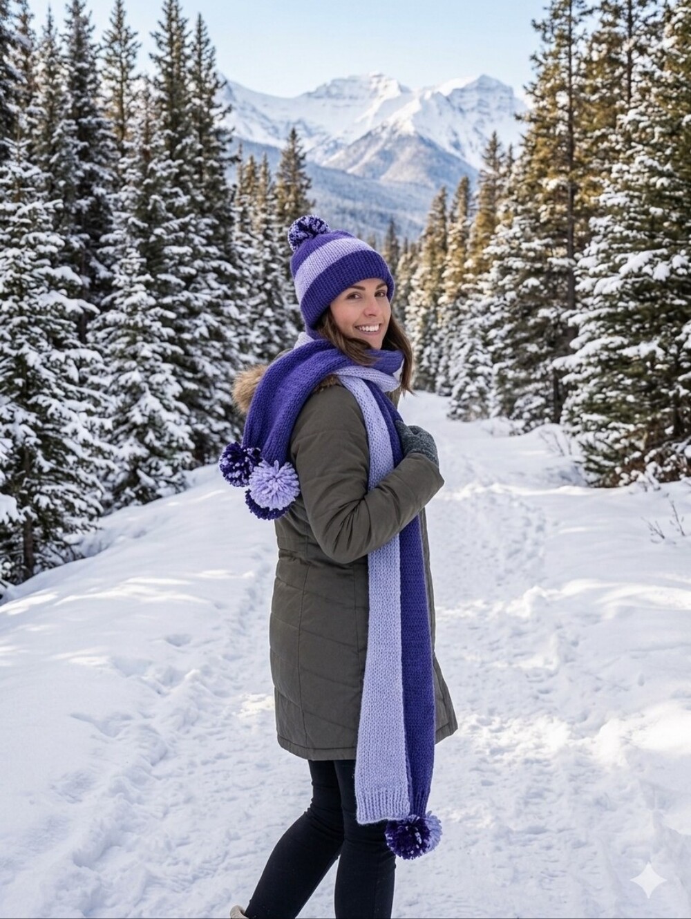 Women's Two-Tone Purple Pom Pom Knit Beanie